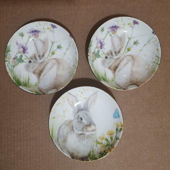 Williams Sonoma Set of 3 Cereal Bowls 5.5" Easter Bunny Meadow Gold Rimmed - Picture 2 of 7